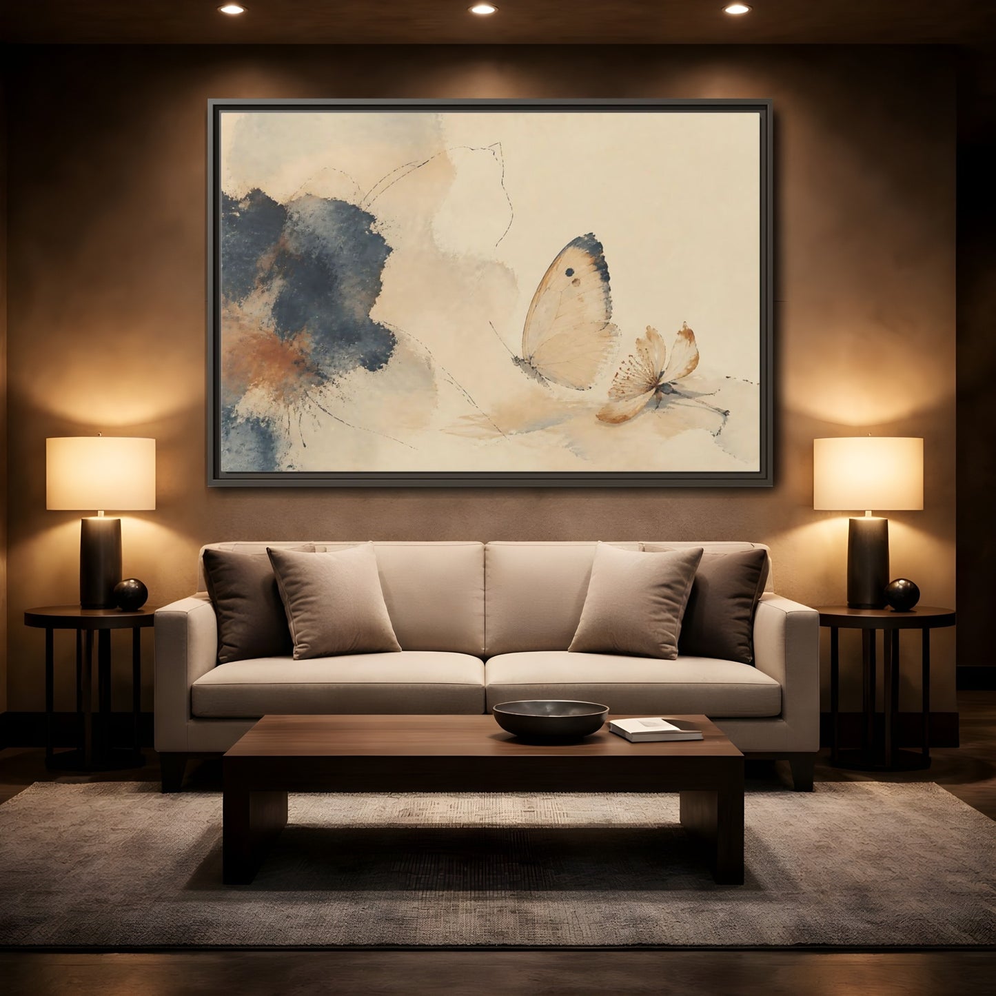 Mockup 2. Butterfly And Fallen Blossom shown as framed canvas print
