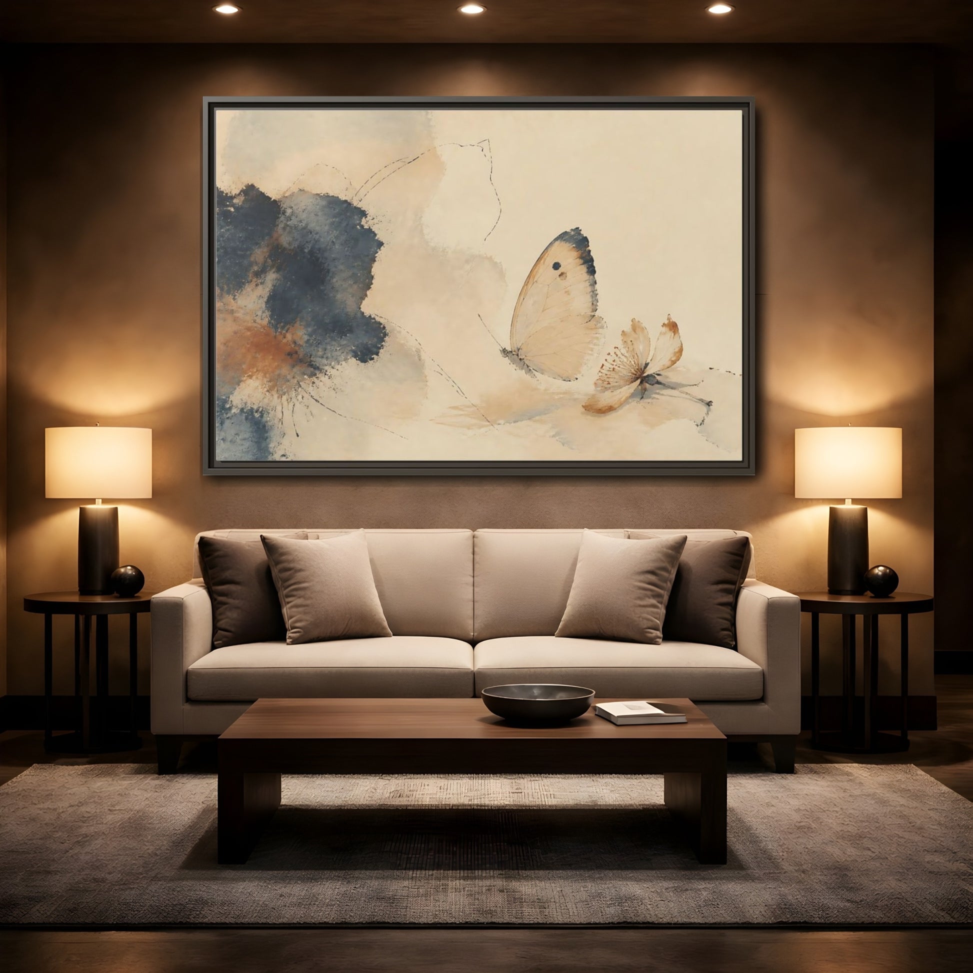 Mockup 2. Butterfly And Fallen Blossom shown as framed canvas print