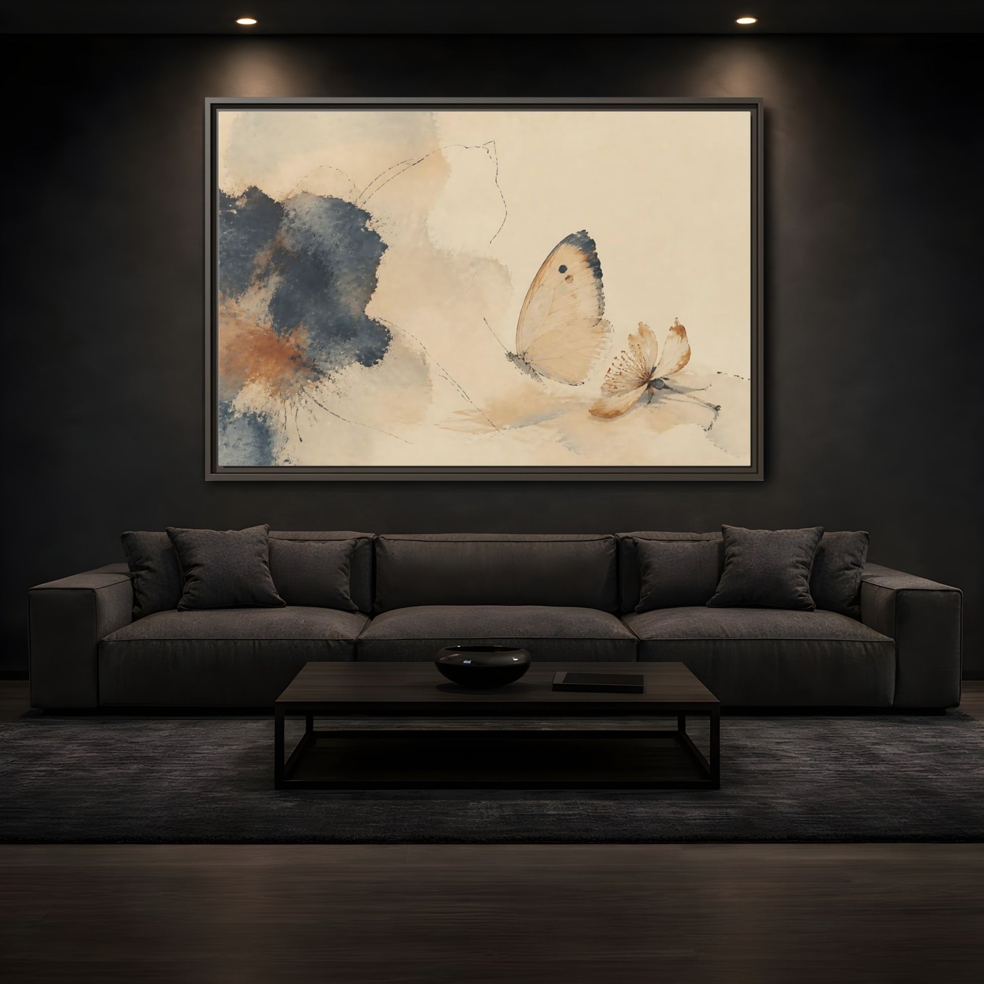 Mockup 3. Butterfly And Fallen Blossom shown as framed canvas print