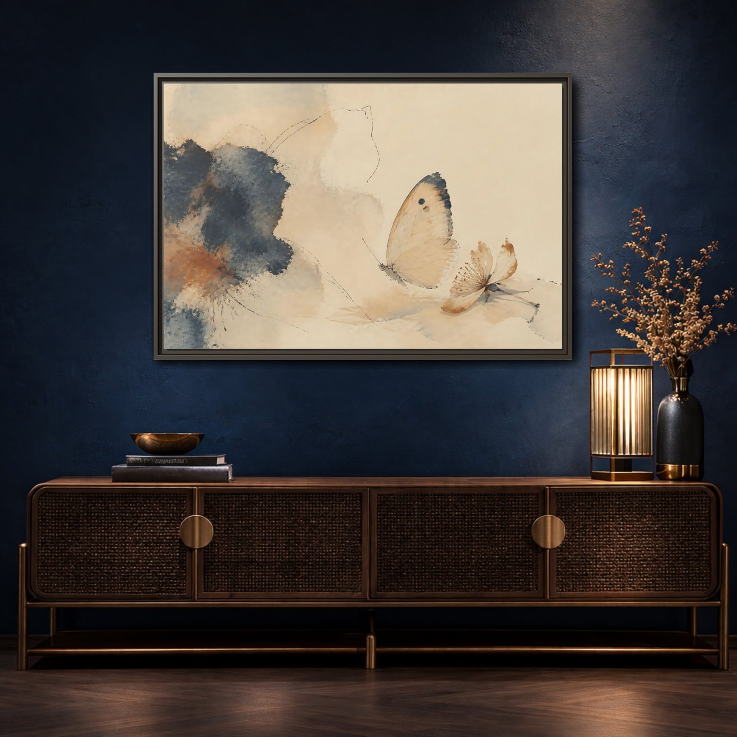 Mockup 4. Butterfly And Fallen Blossom shown as framed canvas print