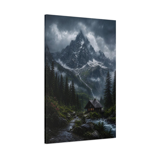 Main Mockup. Cabin Beneath Stormy Peak shown as canvas print