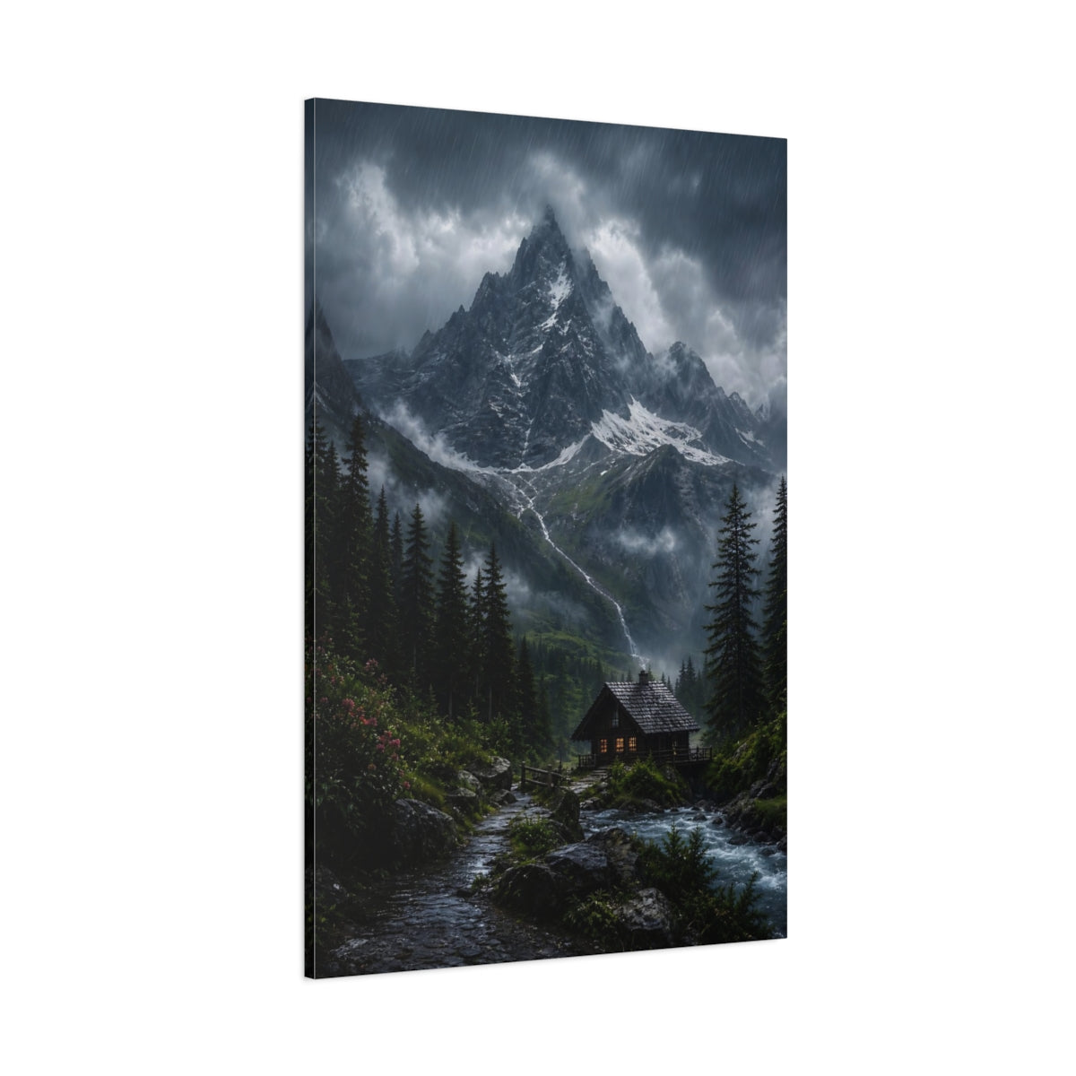 Side Mockup 1. Cabin Beneath Stormy Peak shown as canvas print