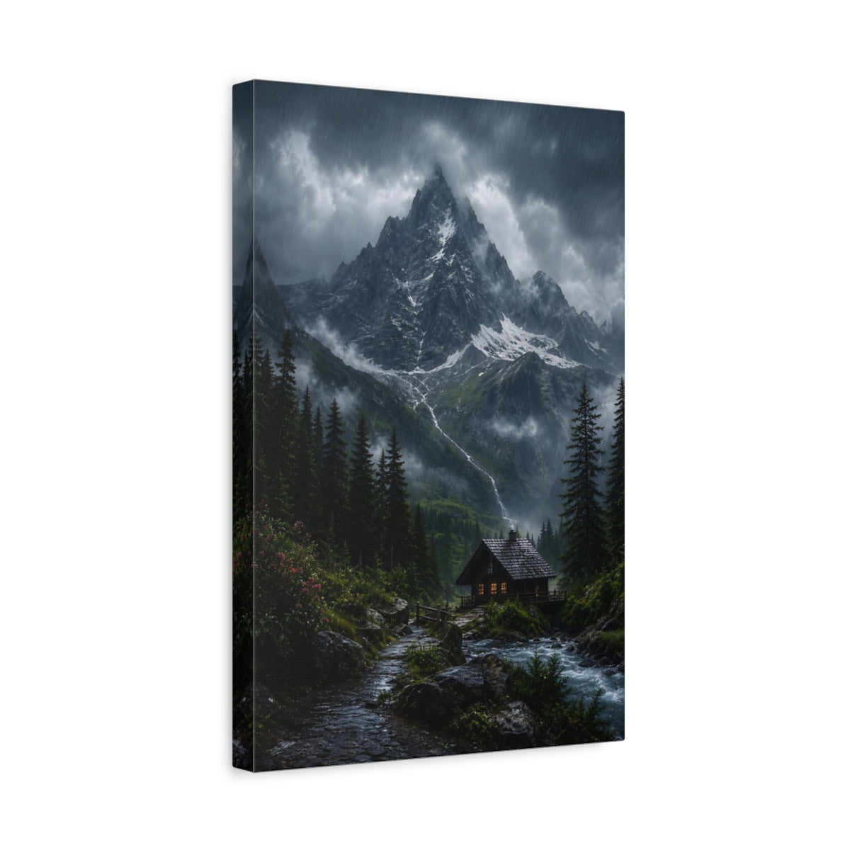 Side Mockup 4. Cabin Beneath Stormy Peak shown as canvas print