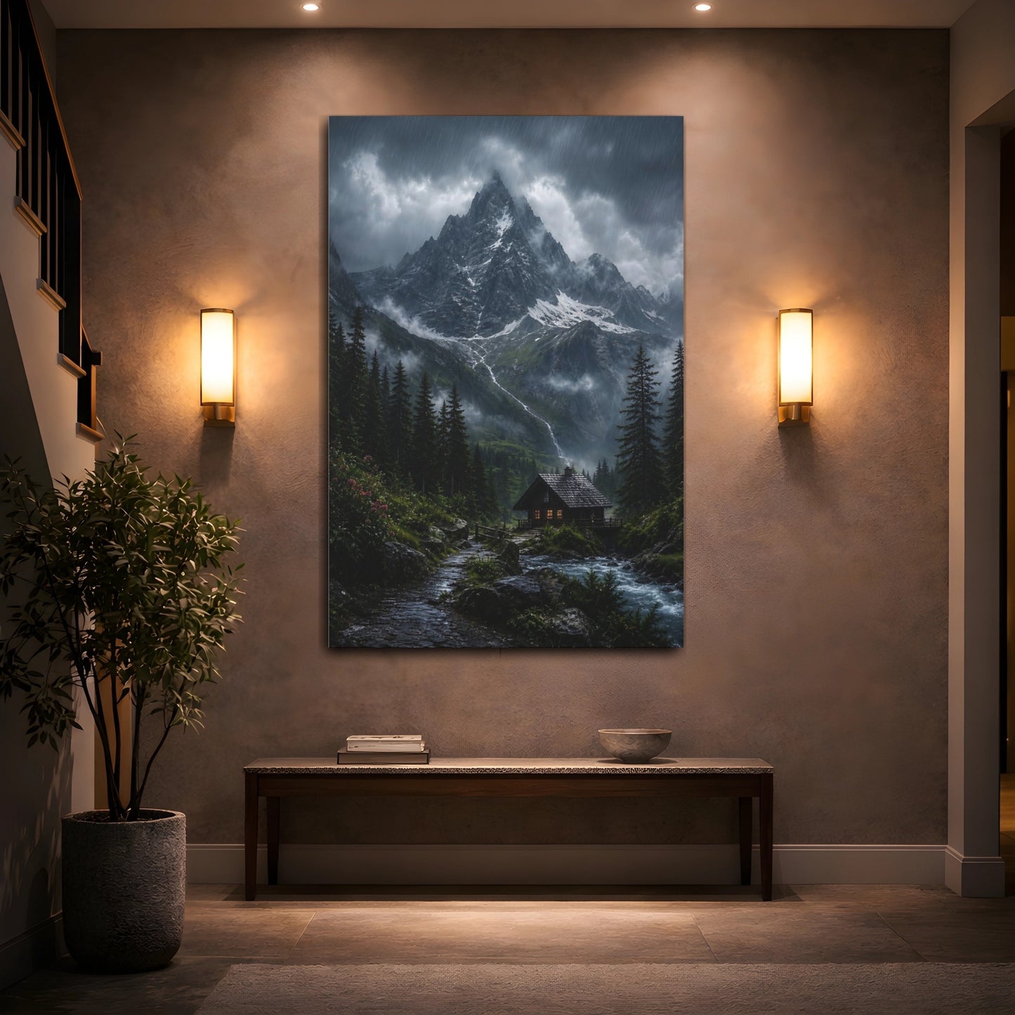 Mockup 2. Cabin Beneath Stormy Peak shown as canvas print