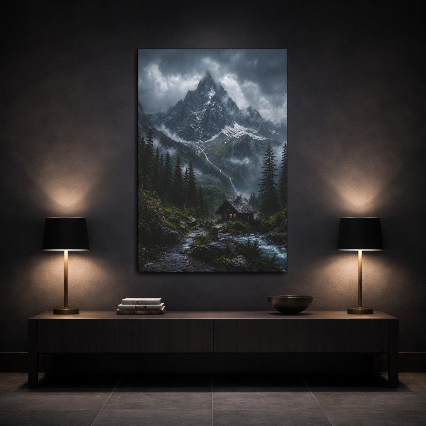 Mockup 3. Cabin Beneath Stormy Peak shown as canvas print