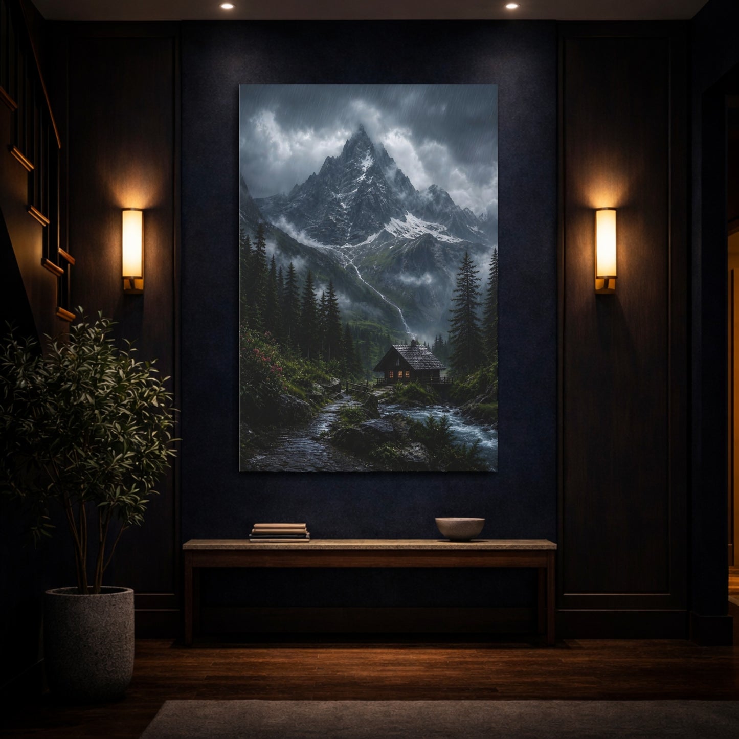 Mockup 4. Cabin Beneath Stormy Peak shown as canvas print