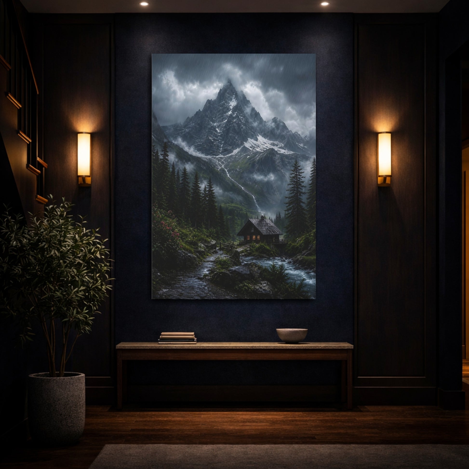 Mockup 4. Cabin Beneath Stormy Peak shown as canvas print