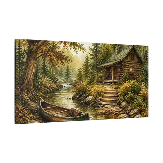 Main Mockup. Cabin By Woodland Creek shown as canvas print