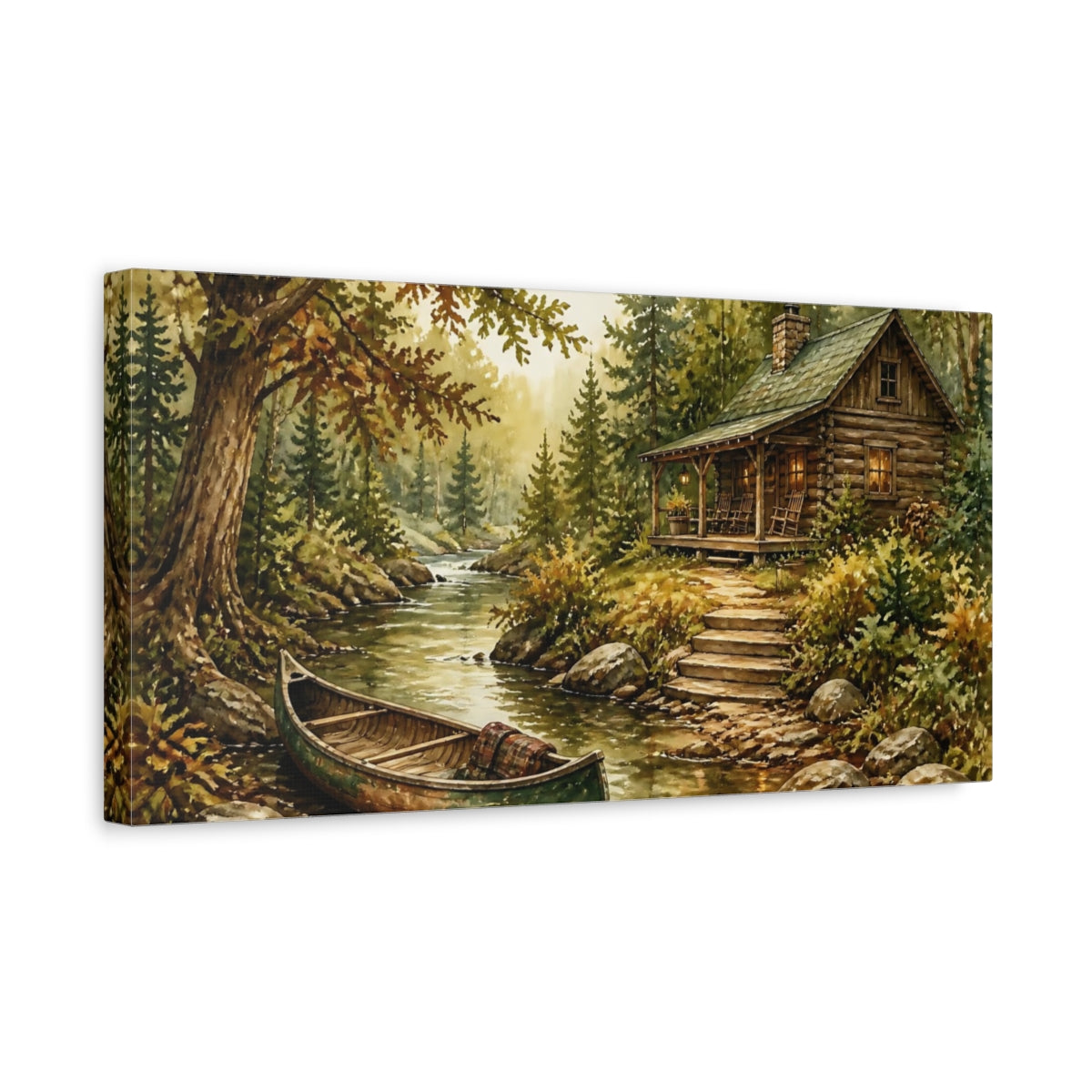 Side Mockup 3. Cabin By Woodland Creek shown as canvas print