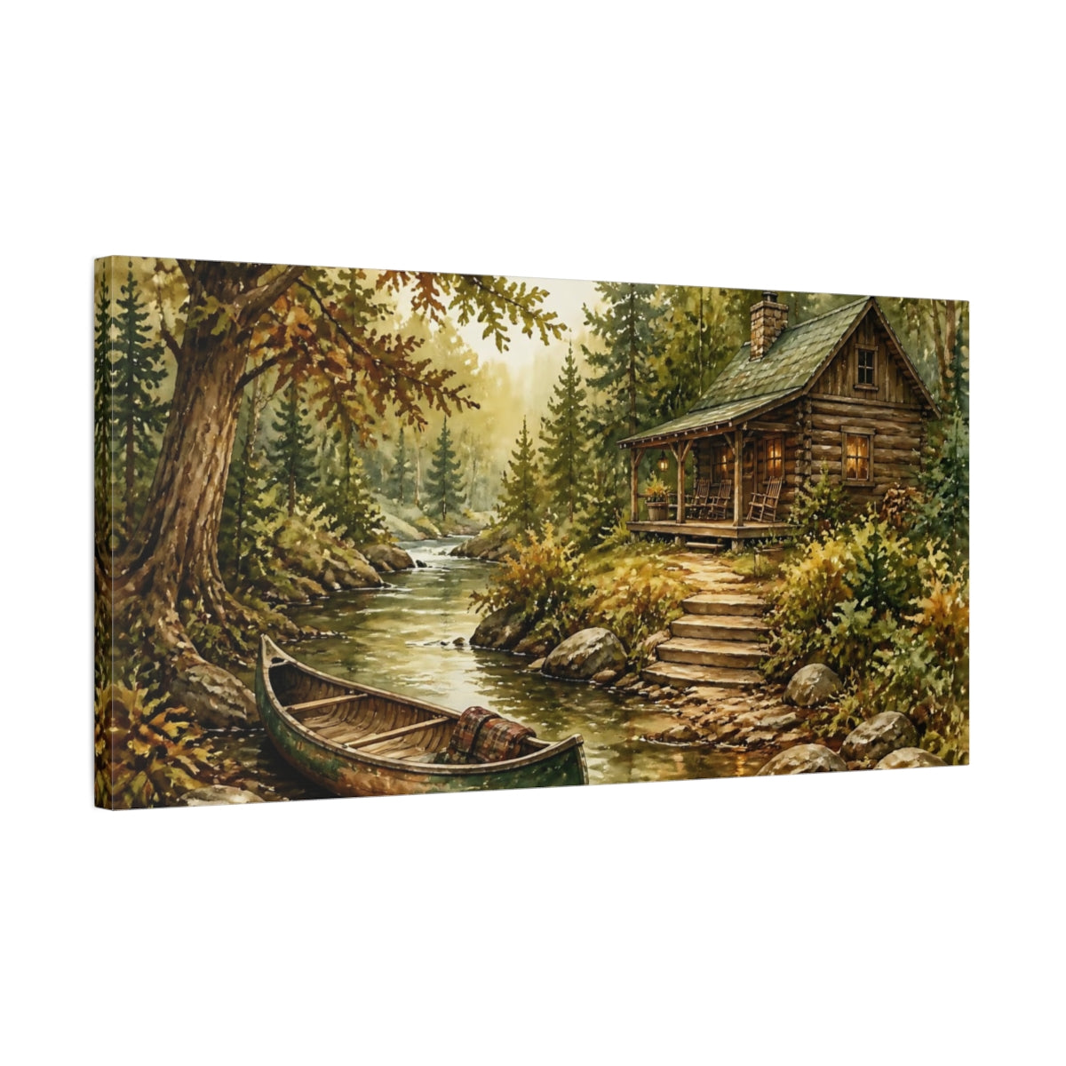 Side Mockup 1. Cabin By Woodland Creek shown as canvas print
