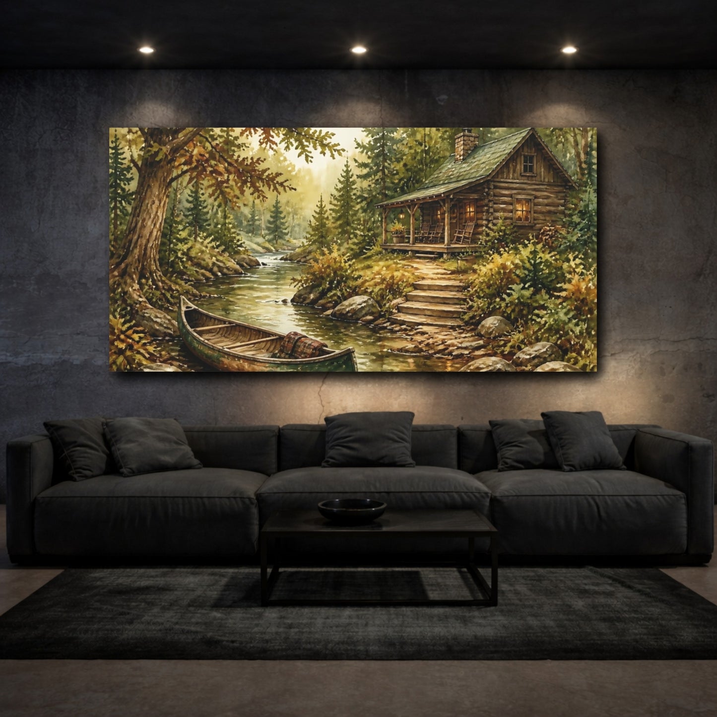 Mockup 3. Cabin By Woodland Creek shown as canvas print