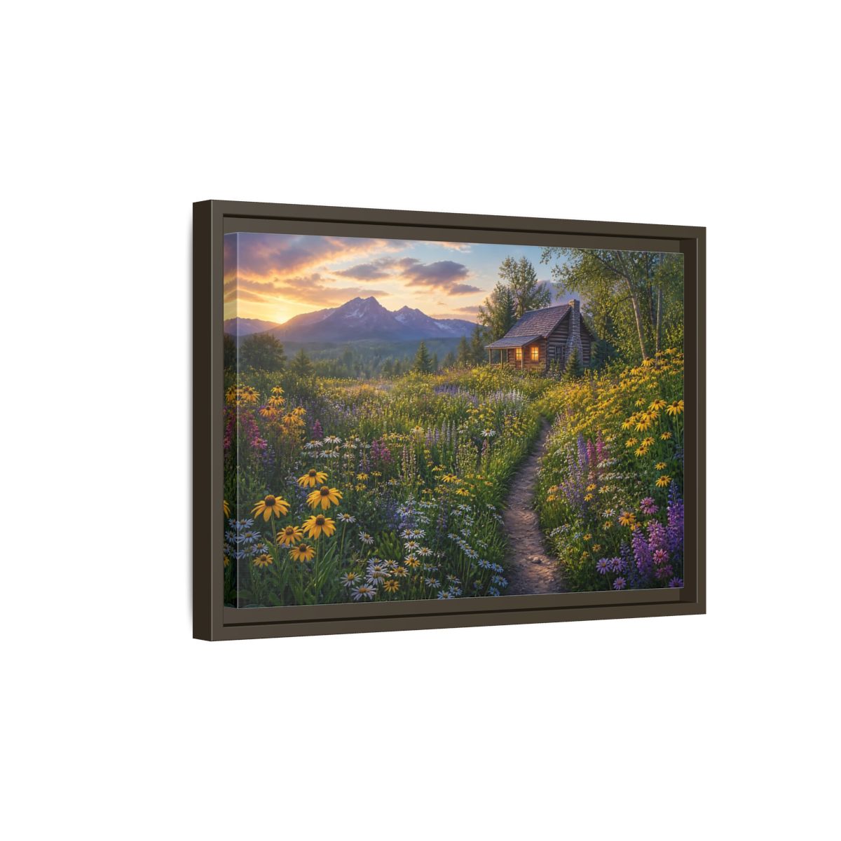 Side Mockup 5. Cabin In Wildflower Meadow shown as framed canvas print