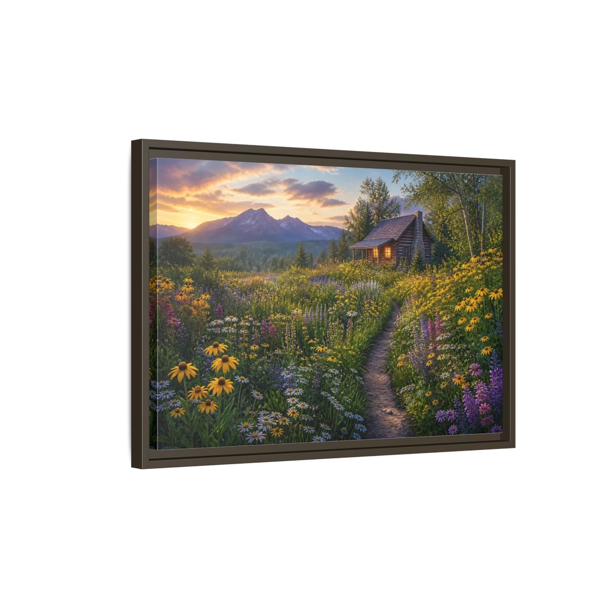 Side Mockup 2. Cabin In Wildflower Meadow shown as framed canvas print