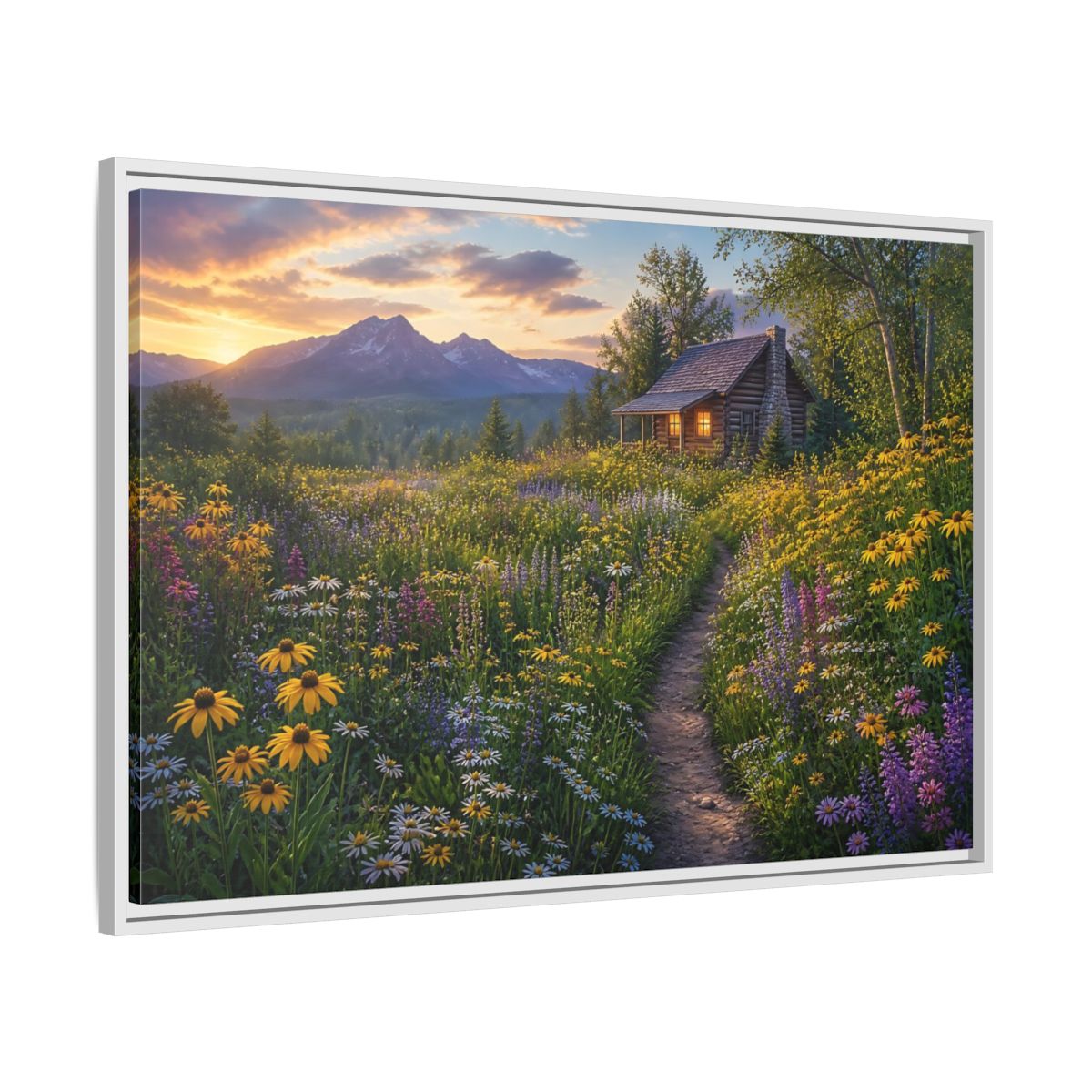 Side Mockup 9. Cabin In Wildflower Meadow shown as framed canvas print