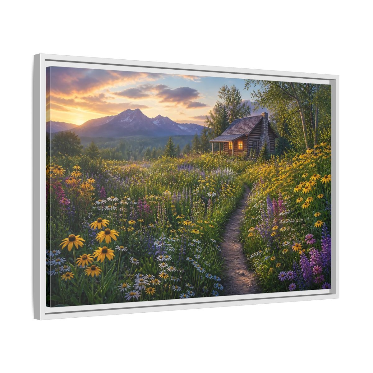 Side Mockup 10. Cabin In Wildflower Meadow shown as framed canvas print