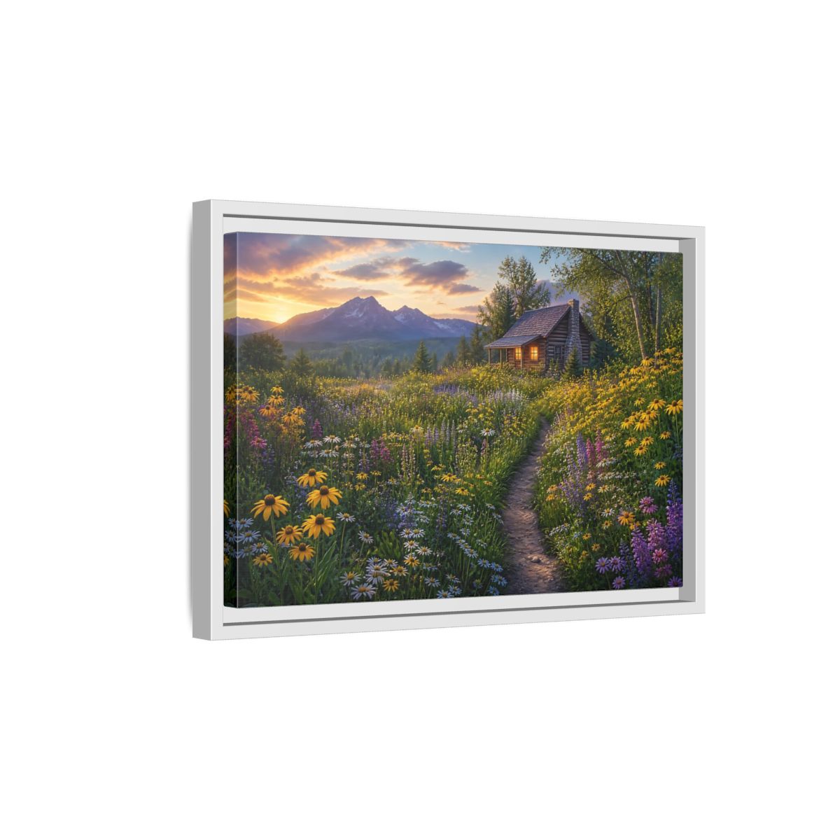 Side Mockup 4. Cabin In Wildflower Meadow shown as framed canvas print