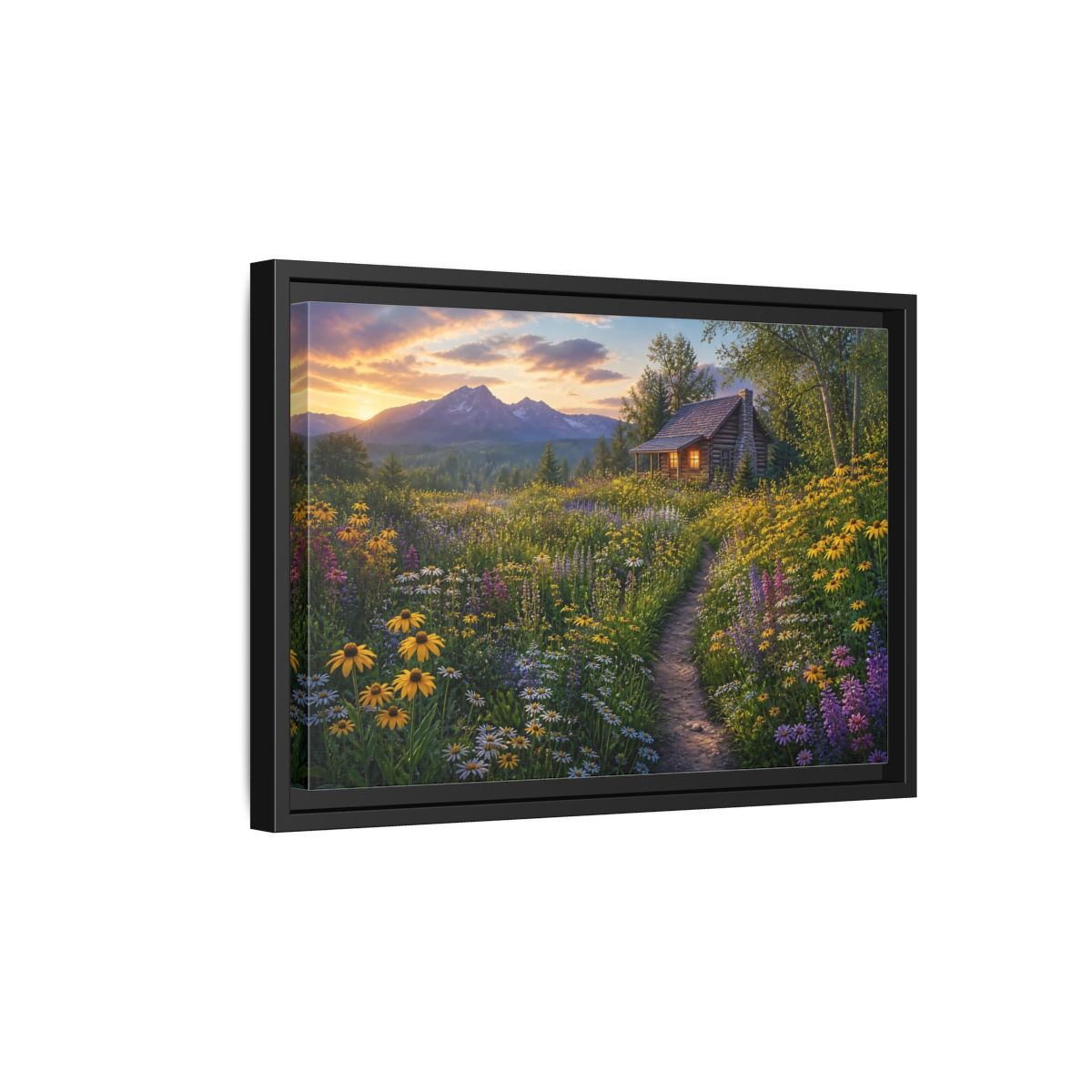 Side Mockup 6. Cabin In Wildflower Meadow shown as framed canvas print