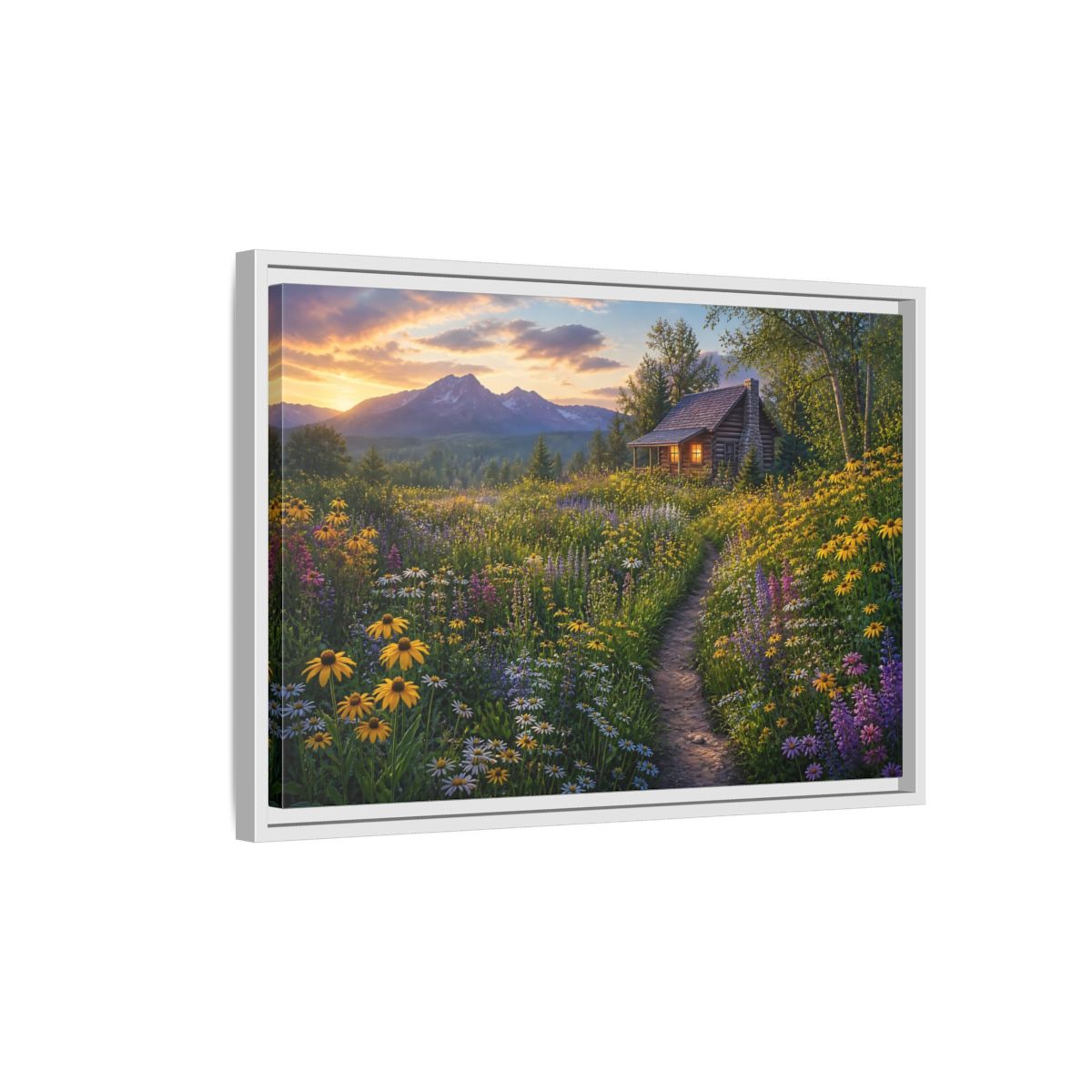 Side Mockup 1. Cabin In Wildflower Meadow shown as framed canvas print