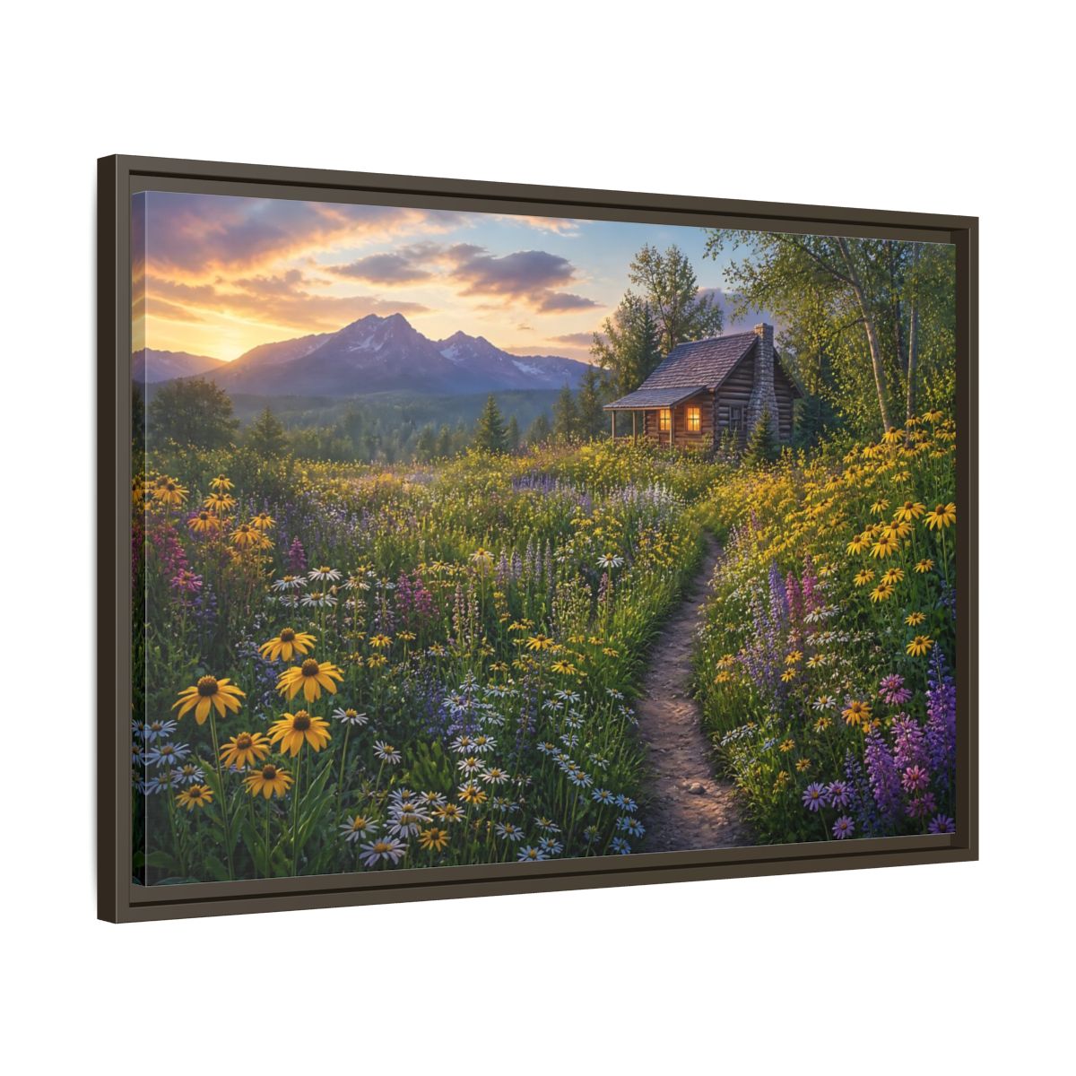 Side Mockup 11. Cabin In Wildflower Meadow shown as framed canvas print