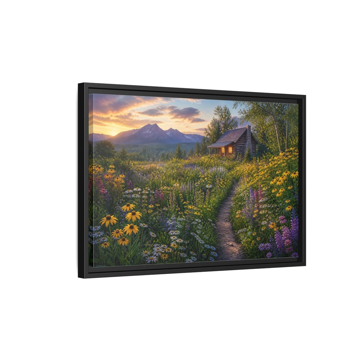 Side Mockup 3. Cabin In Wildflower Meadow shown as framed canvas print