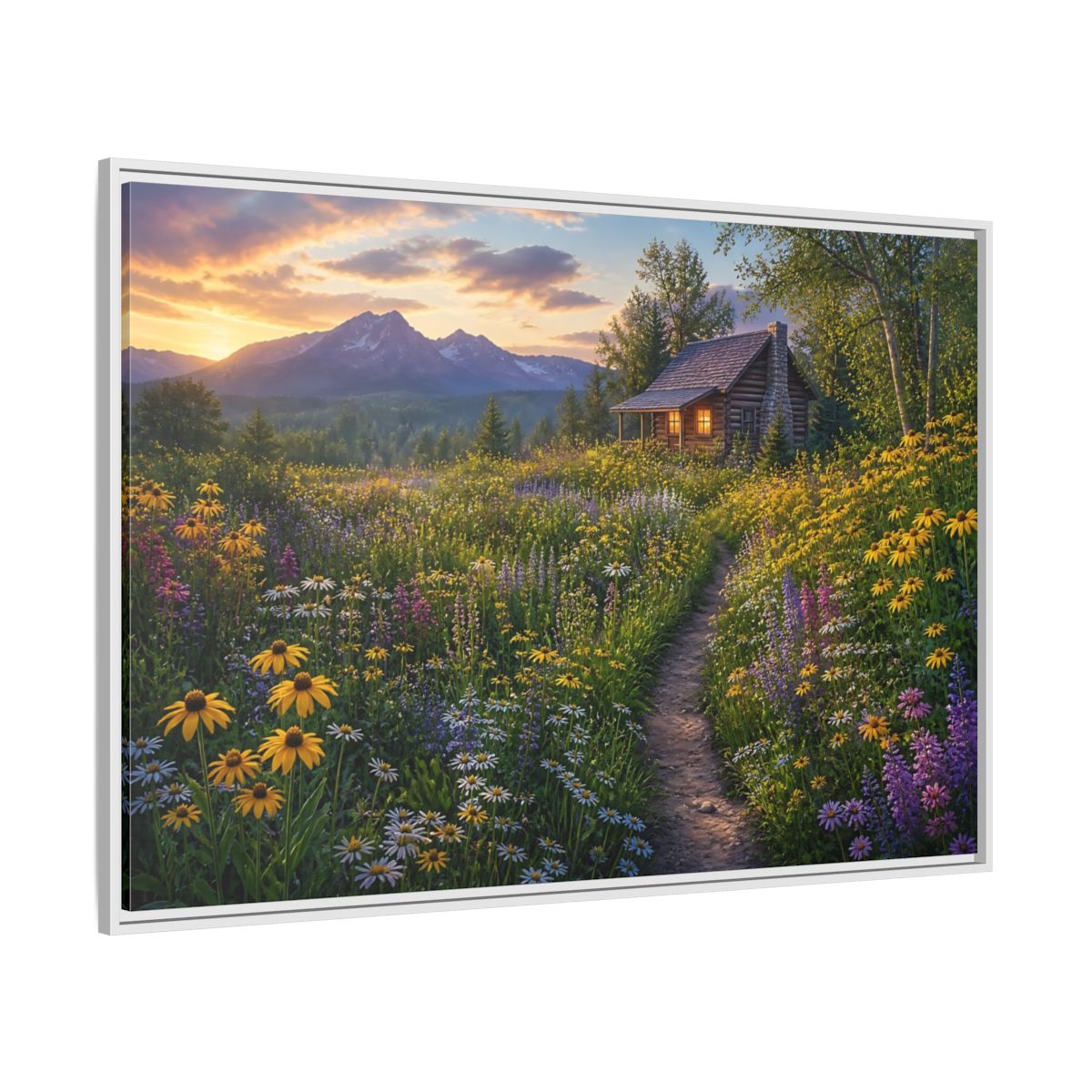 Side Mockup 7. Cabin In Wildflower Meadow shown as framed canvas print