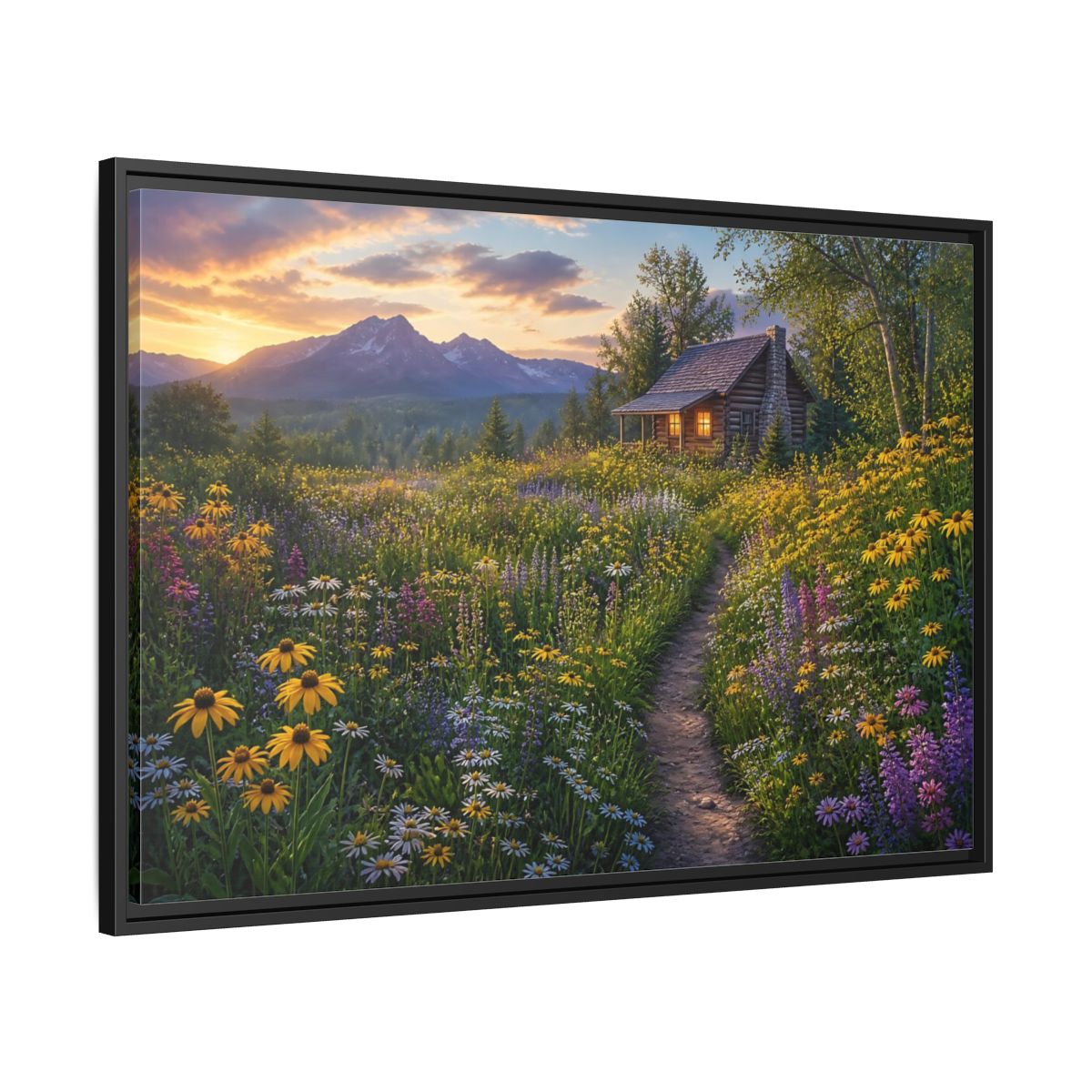 Side Mockup 13. Cabin In Wildflower Meadow shown as framed canvas print