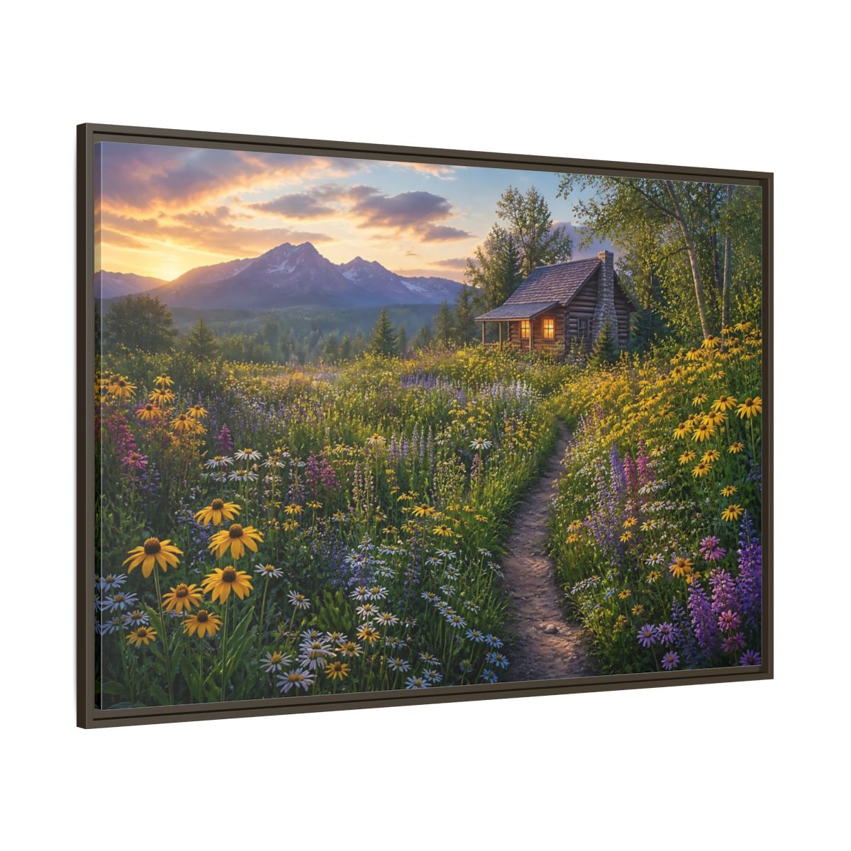 Side Mockup 8. Cabin In Wildflower Meadow shown as framed canvas print