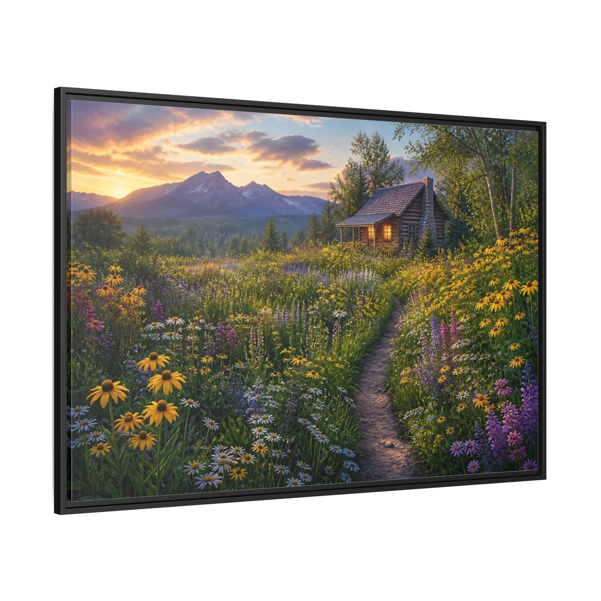 Side Mockup 12. Cabin In Wildflower Meadow shown as framed canvas print