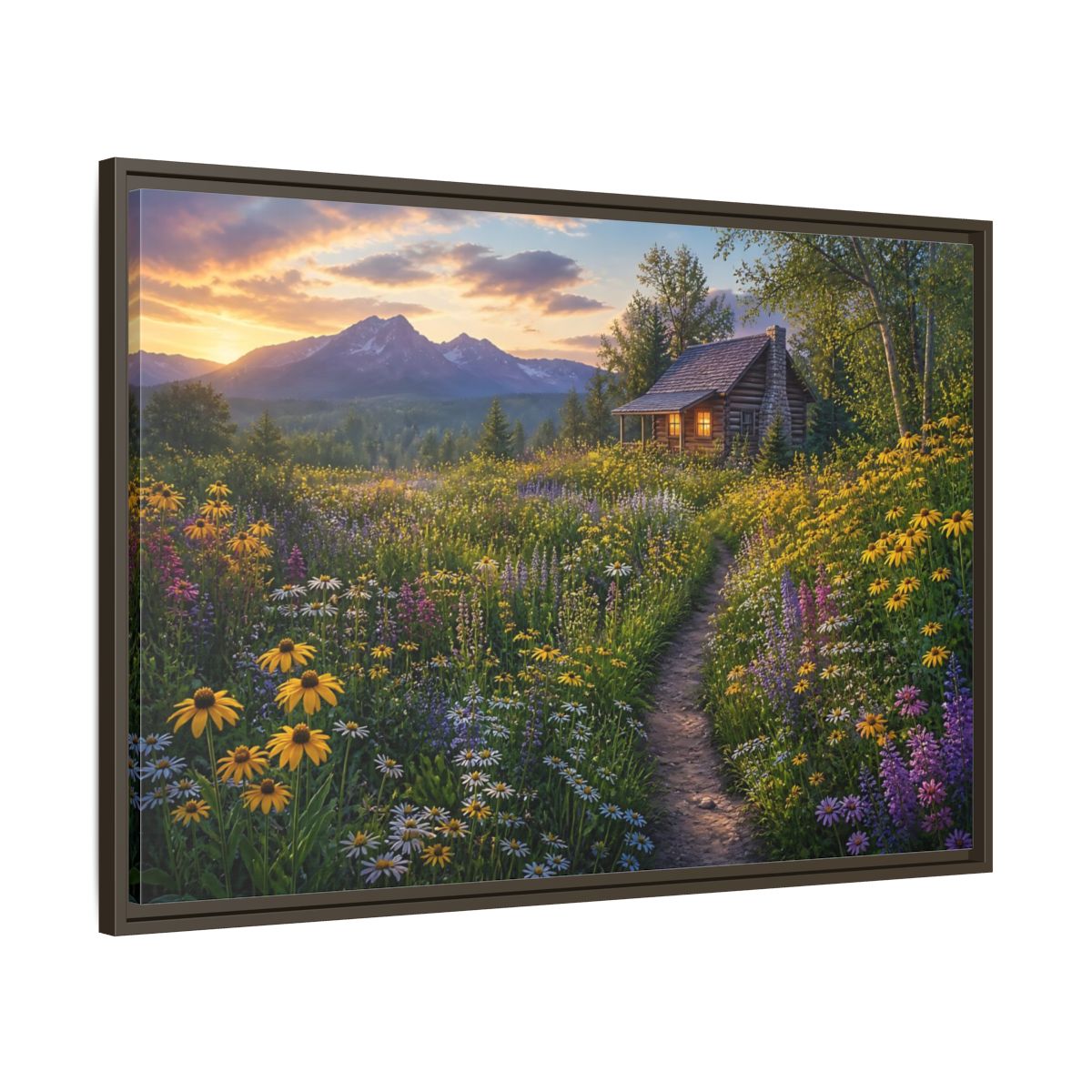 Main Mockup. Cabin In Wildflower Meadow shown as framed canvas print