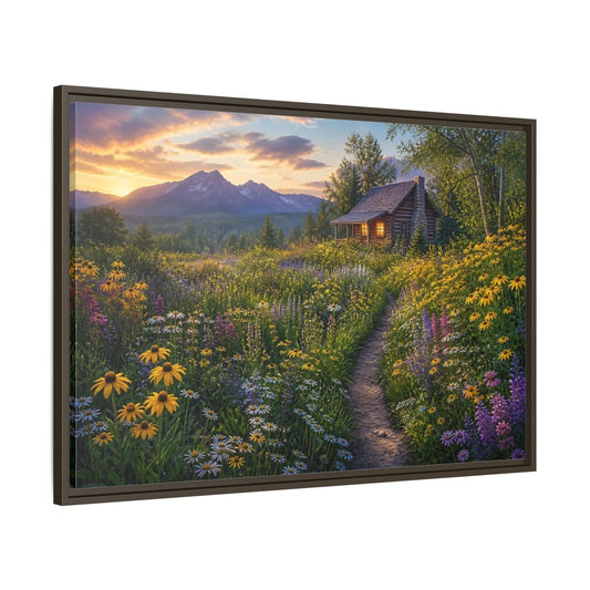 Main Mockup. Cabin In Wildflower Meadow shown as framed canvas print