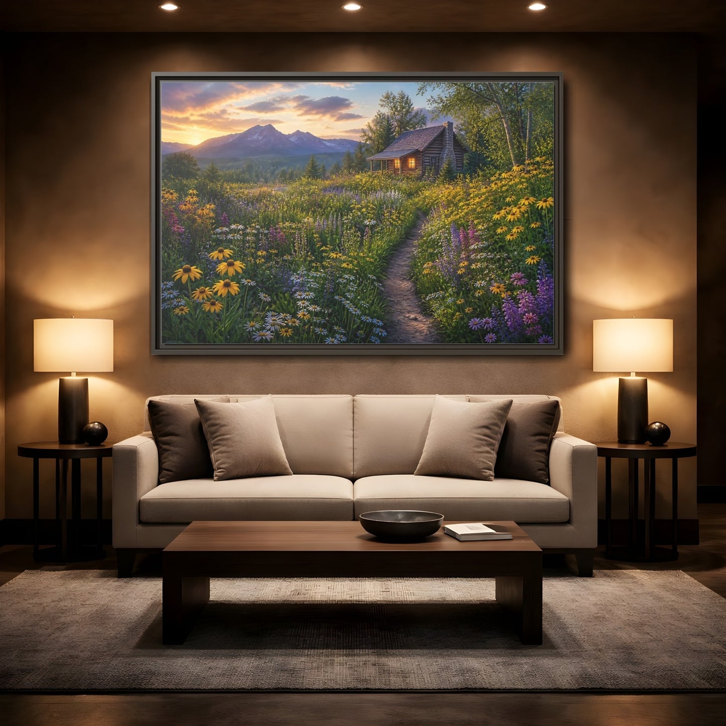 Mockup 2. Cabin In Wildflower Meadow shown as framed canvas print