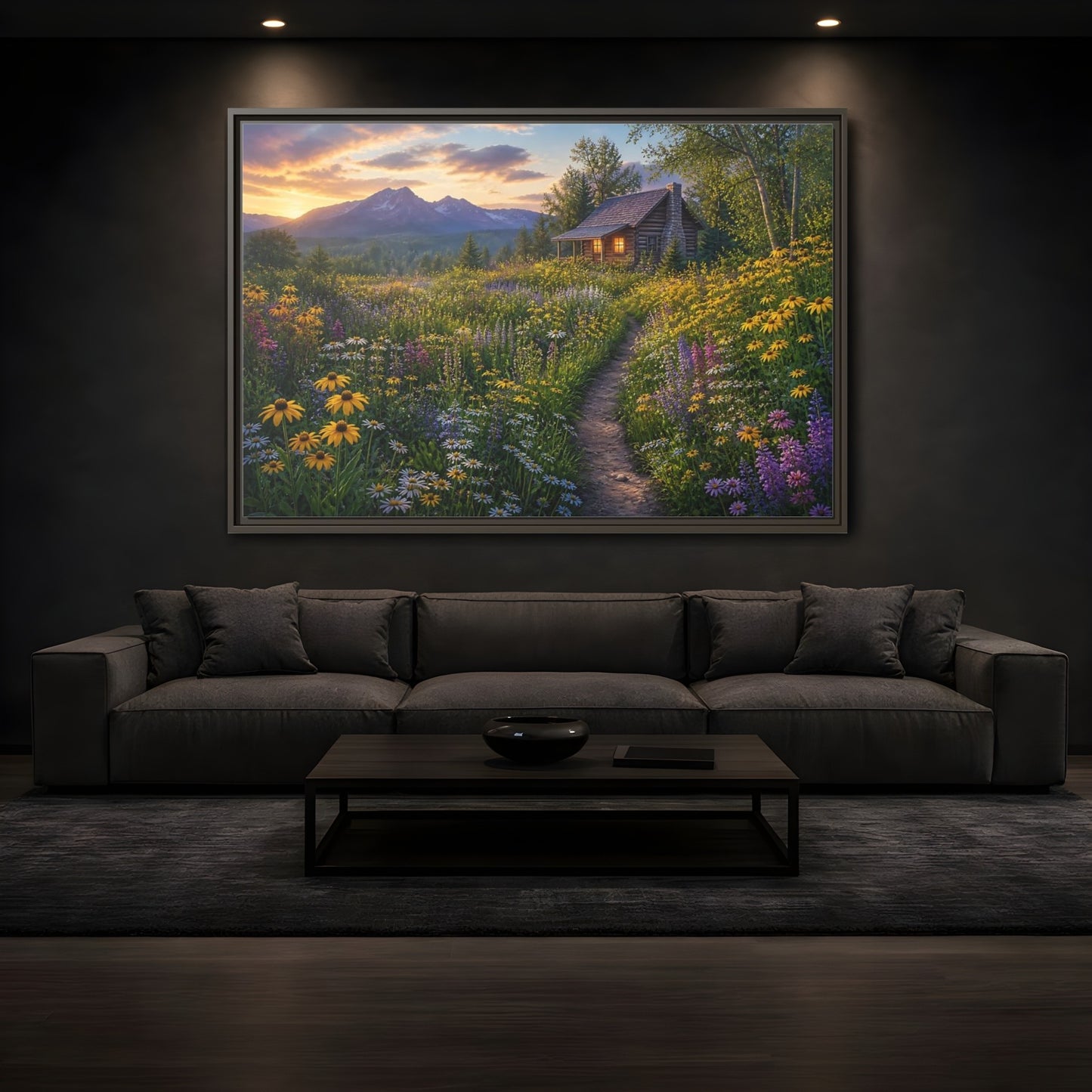 Mockup 3. Cabin In Wildflower Meadow shown as framed canvas print