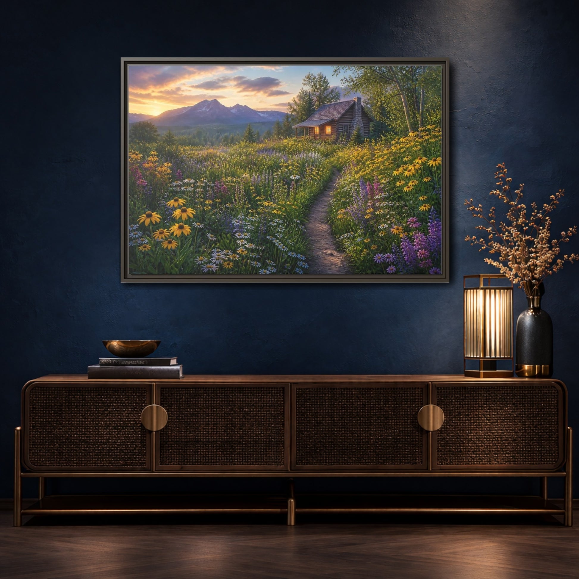 Mockup 4. Cabin In Wildflower Meadow shown as framed canvas print