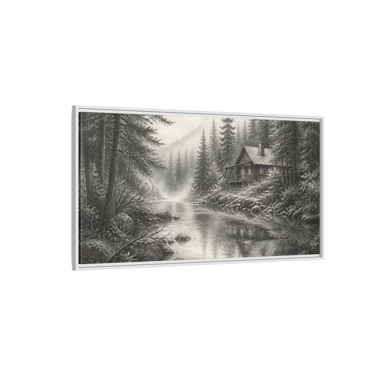 Side Mockup 3. Cabin On Misty Creek shown as framed canvas print