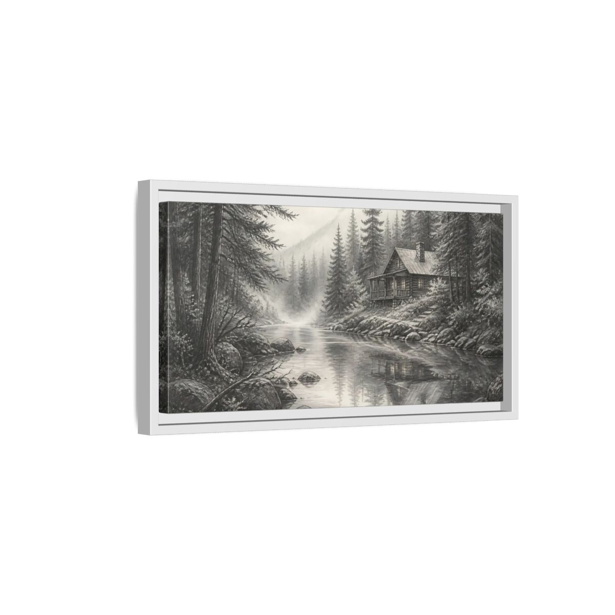 Side Mockup 6. Cabin On Misty Creek shown as framed canvas print