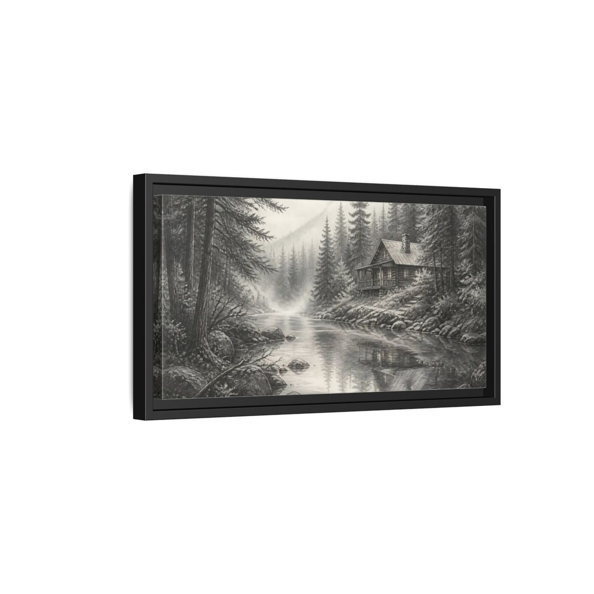 Side Mockup 8. Cabin On Misty Creek shown as framed canvas print