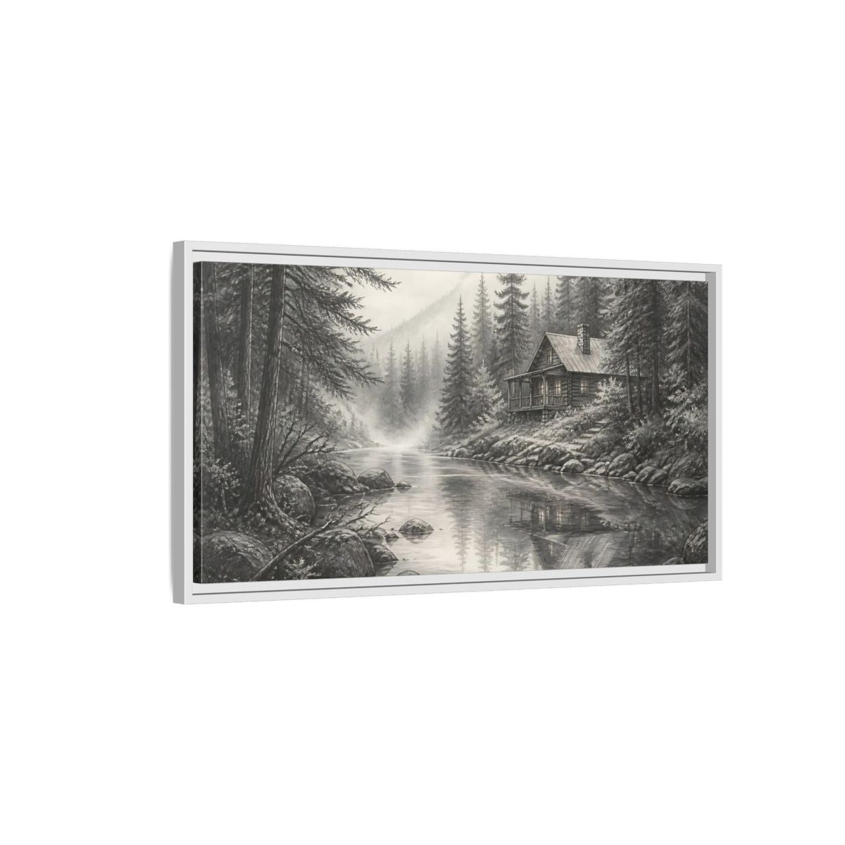Side Mockup 1. Cabin On Misty Creek shown as framed canvas print