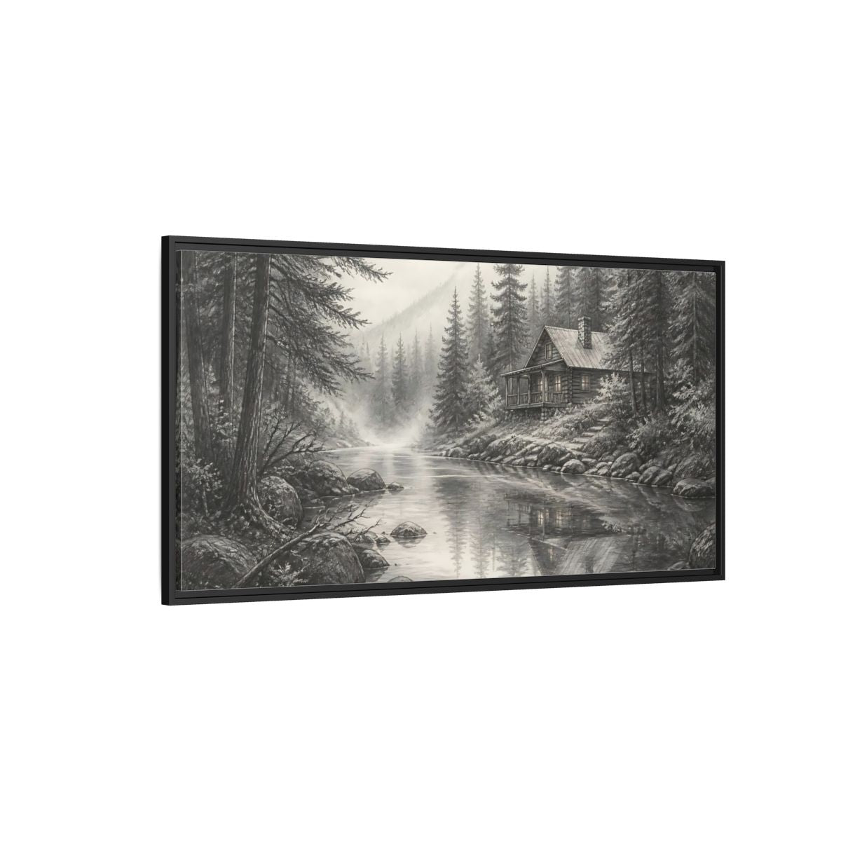 Side Mockup 5. Cabin On Misty Creek shown as framed canvas print