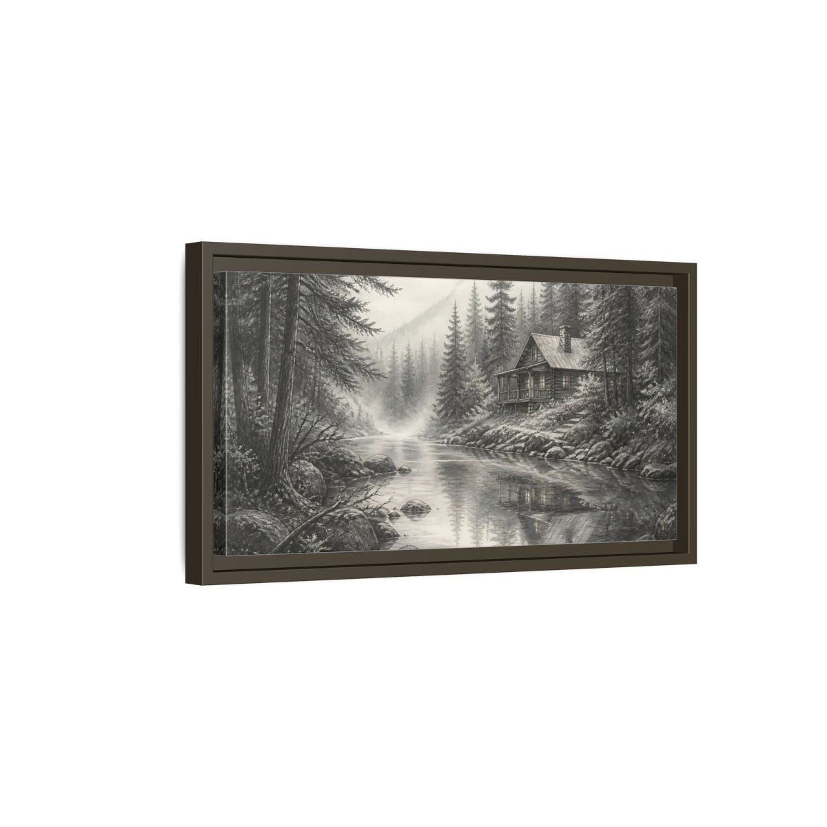 Side Mockup 7. Cabin On Misty Creek shown as framed canvas print