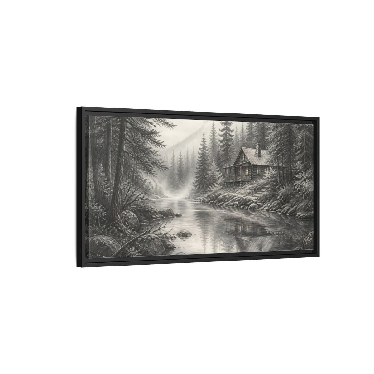 Side Mockup 2. Cabin On Misty Creek shown as framed canvas print