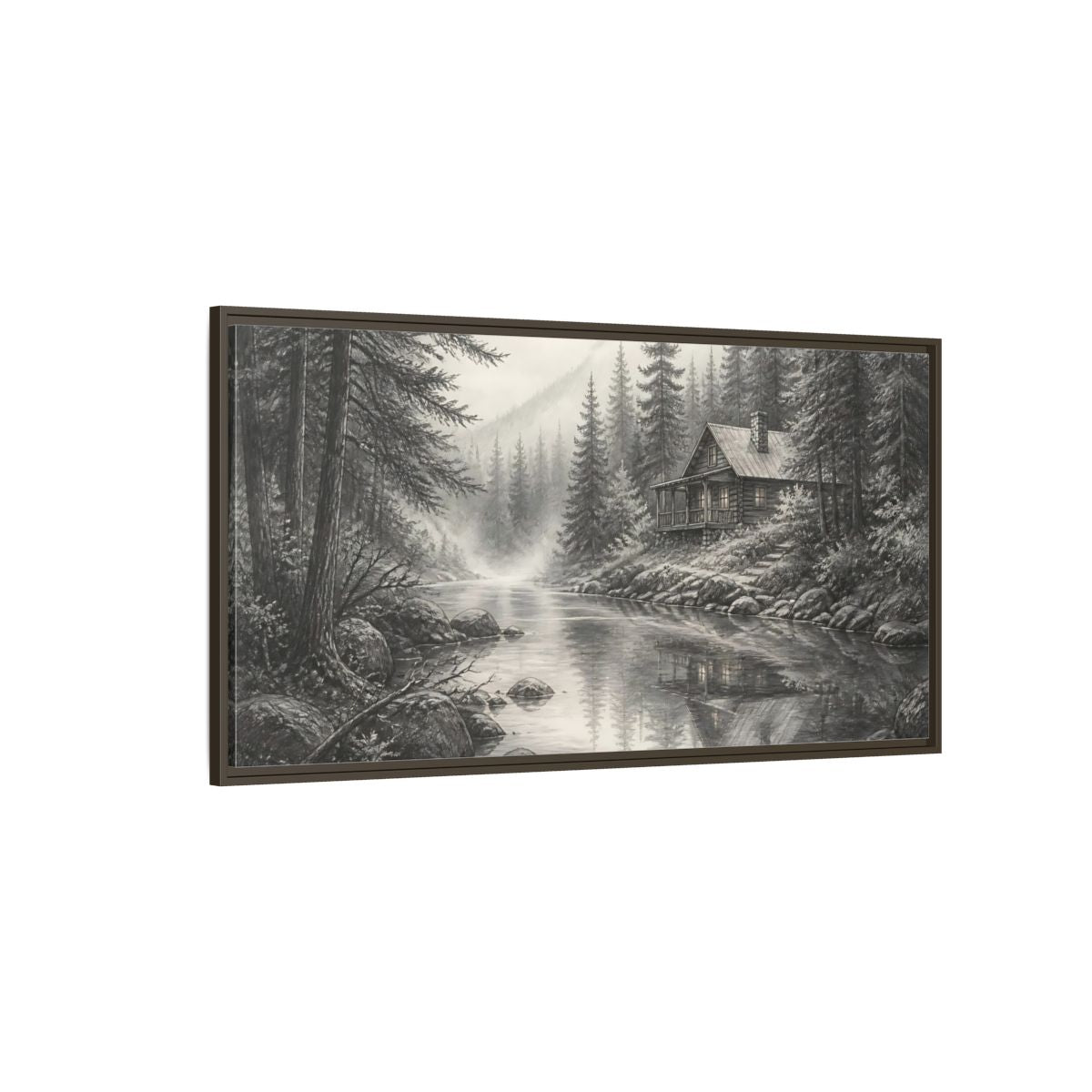 Side Mockup 4. Cabin On Misty Creek shown as framed canvas print