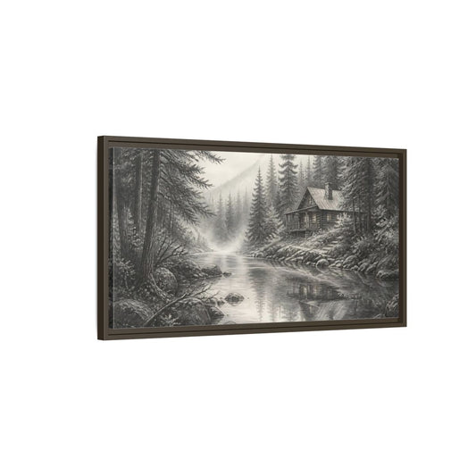 Main Mockup. Cabin On Misty Creek shown as framed canvas print