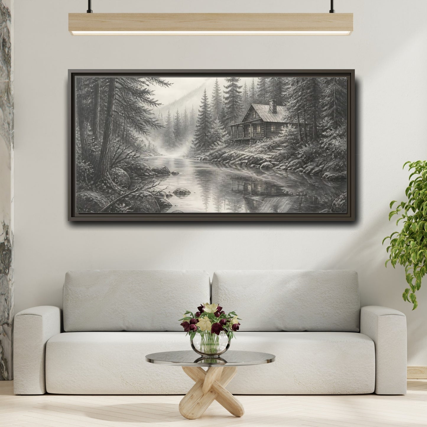 Mockup 2. Cabin On Misty Creek shown as framed canvas print