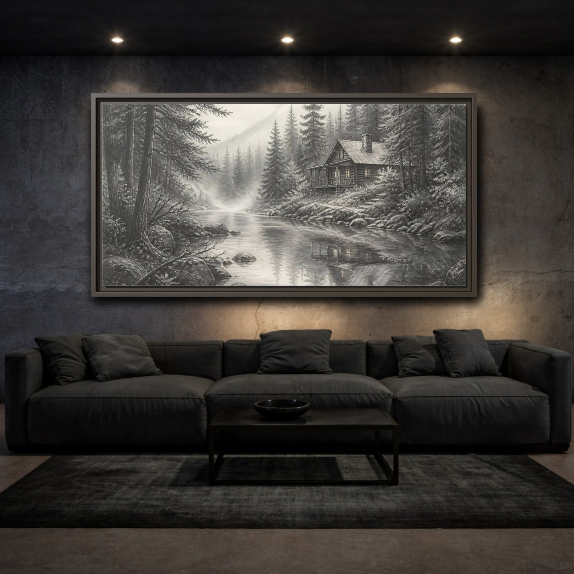 Mockup 3. Cabin On Misty Creek shown as framed canvas print