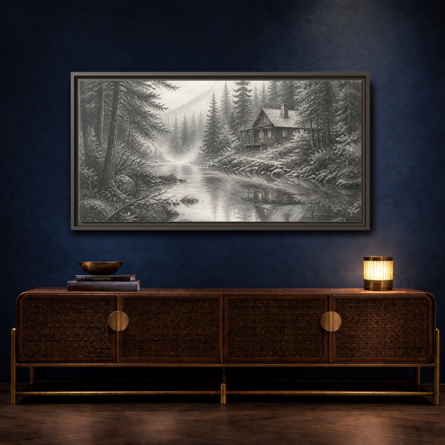 Mockup 4. Cabin On Misty Creek shown as framed canvas print