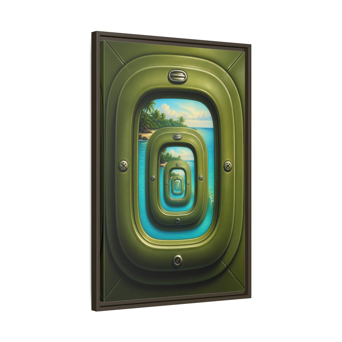 Side Mockup 11. Cabin Window Illusion shown as framed canvas print
