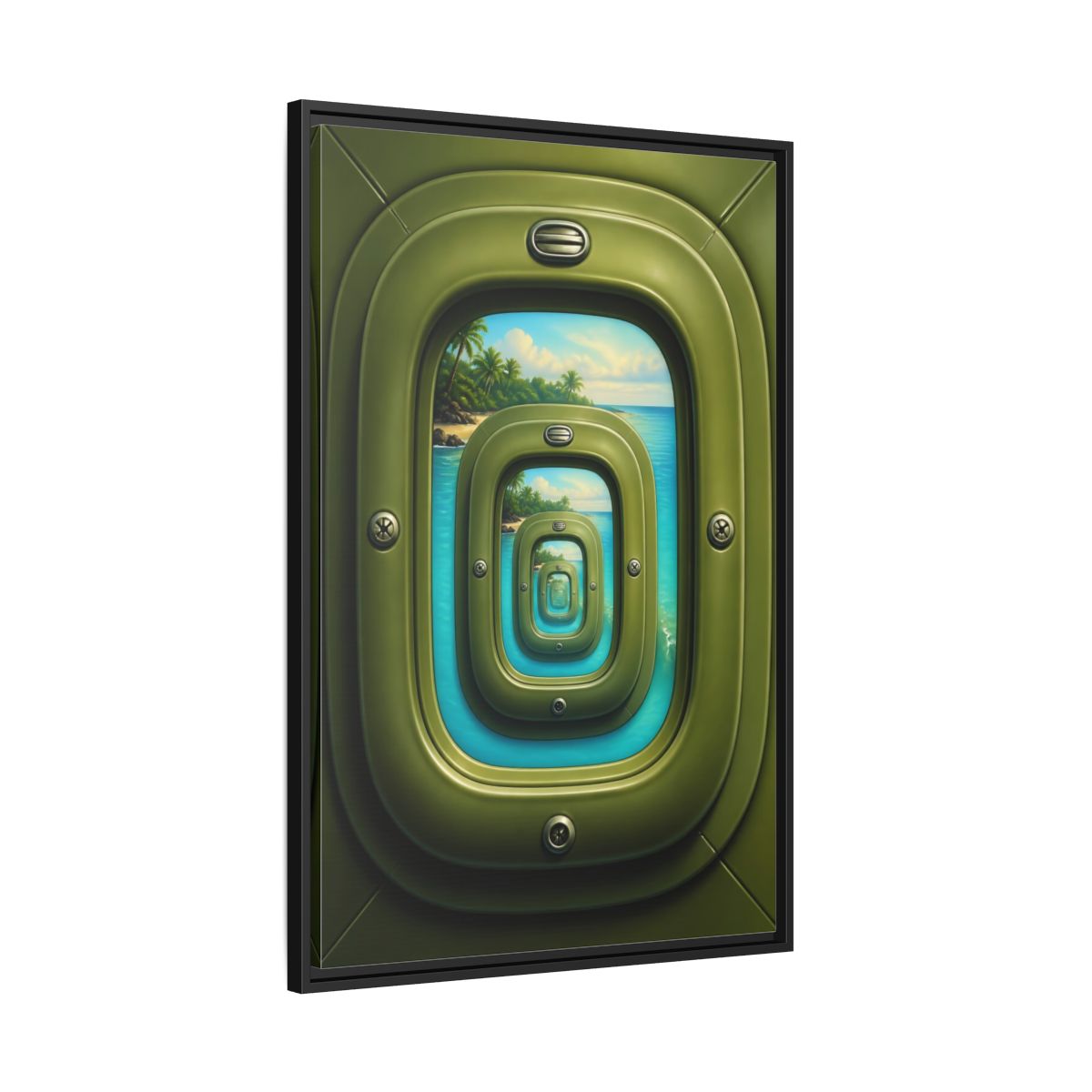 Side Mockup 13. Cabin Window Illusion shown as framed canvas print