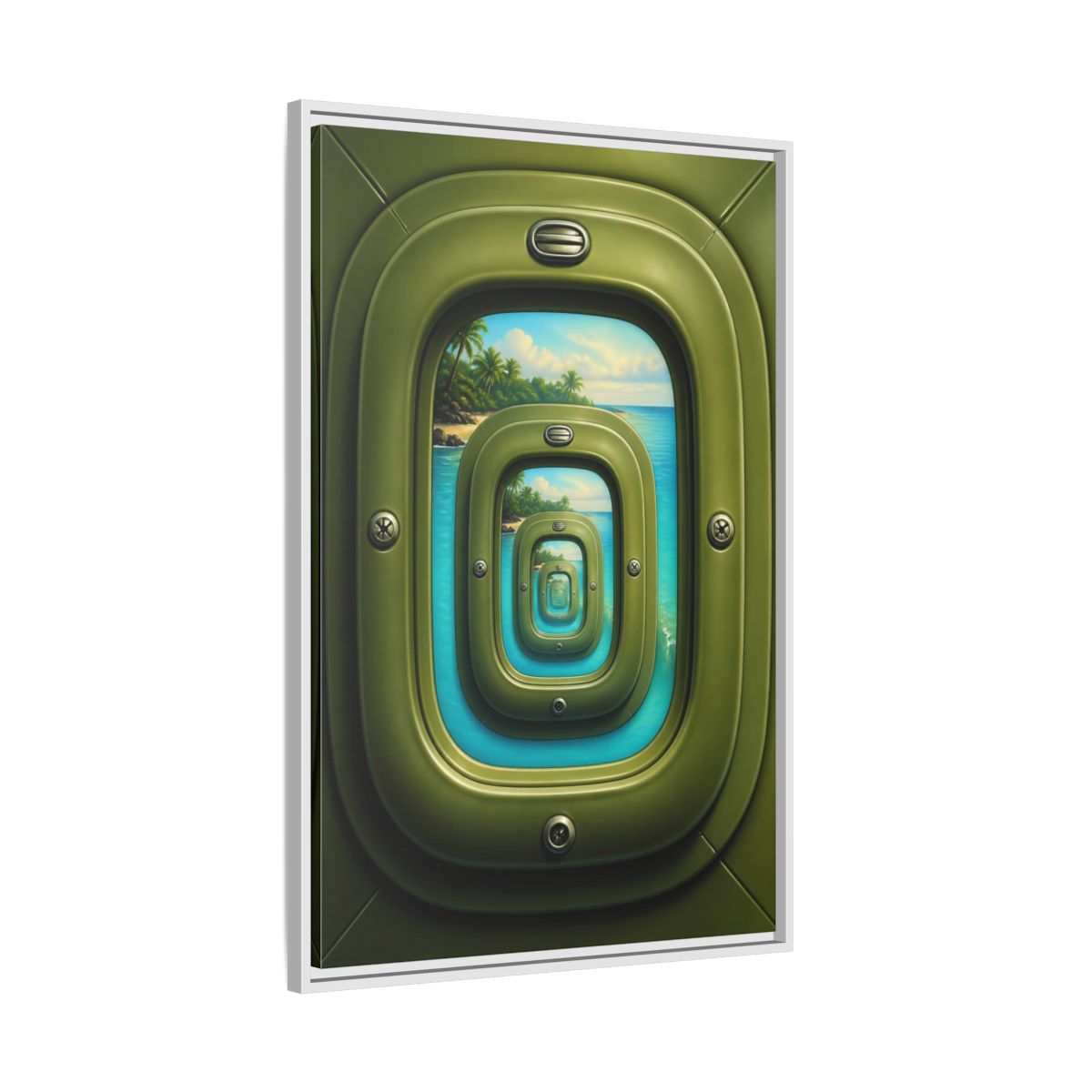 Side Mockup 9. Cabin Window Illusion shown as framed canvas print
