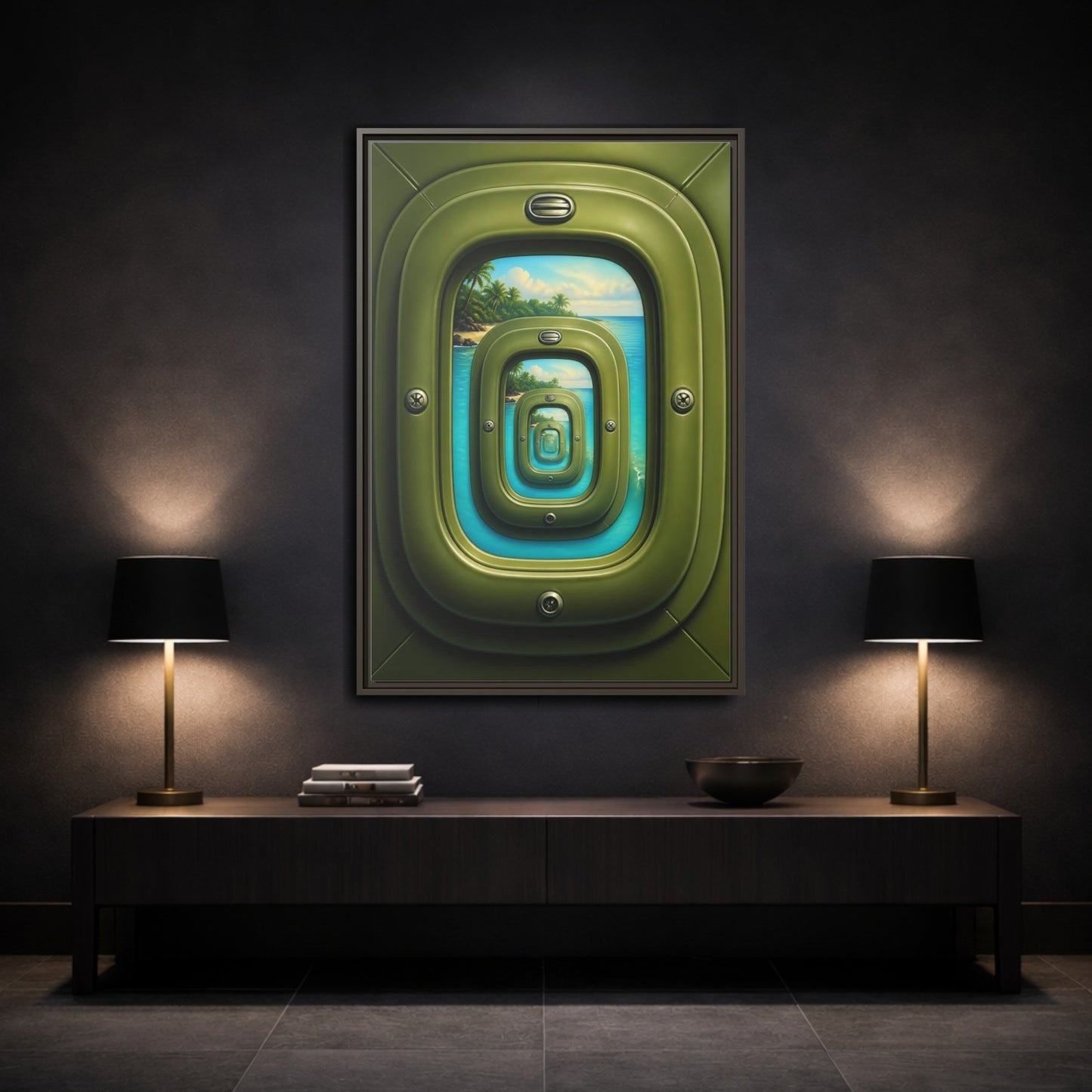 Mockup 3. Cabin Window Illusion shown as framed canvas print