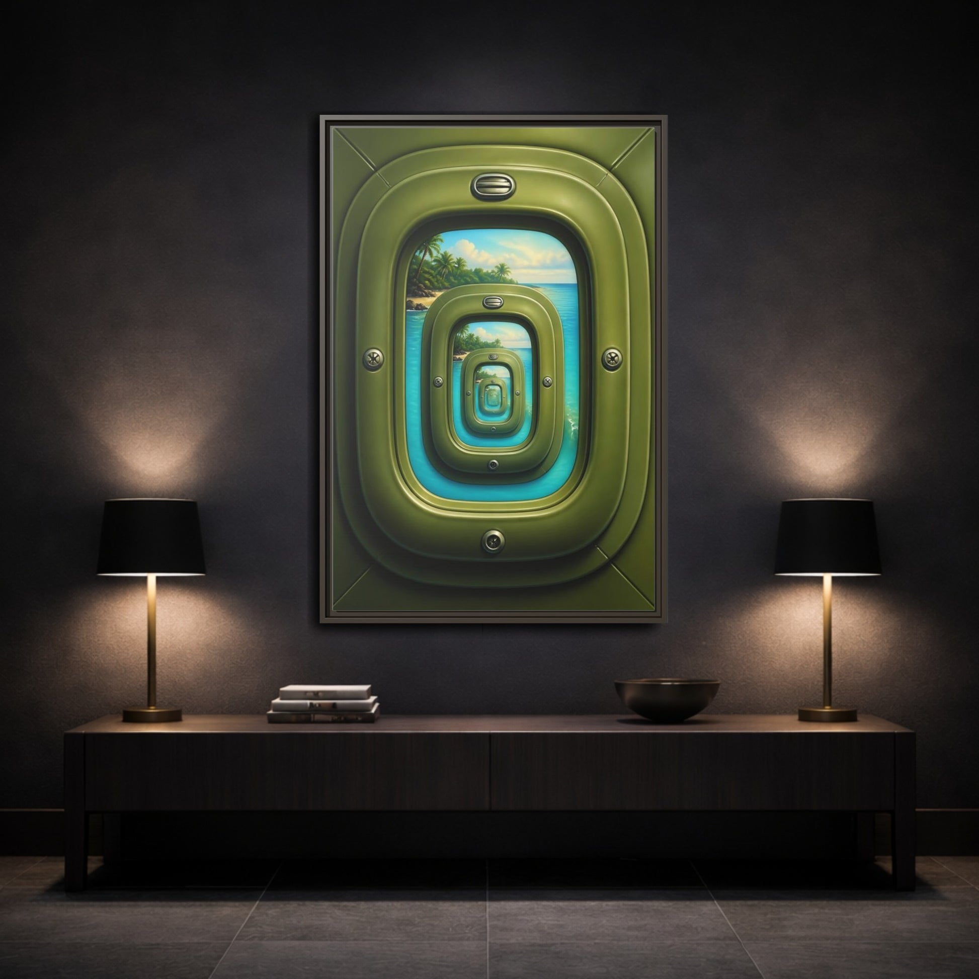 Mockup 3. Cabin Window Illusion shown as framed canvas print